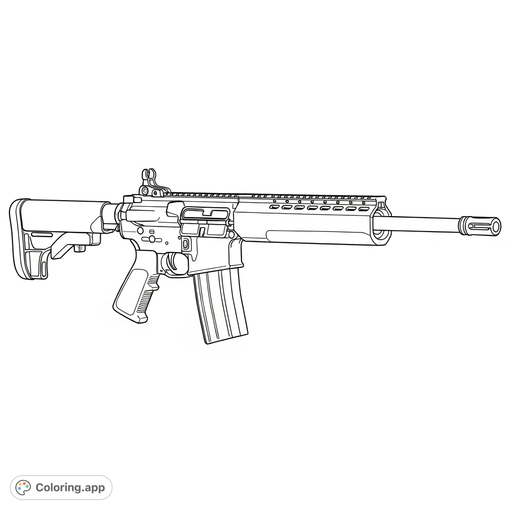 A detailed, sleek modern sporting rifle coloring page. Explore the intricate mechanics and ergonomic design of this powerful firearm. Perfect for enthusiasts!