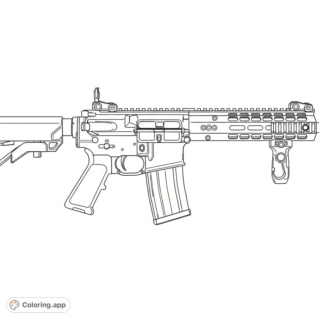 Detailed modern sporting rifle coloring page featuring an integrated rail system, empty magazine, and prominent controls, perfect for firearm enthusiasts.