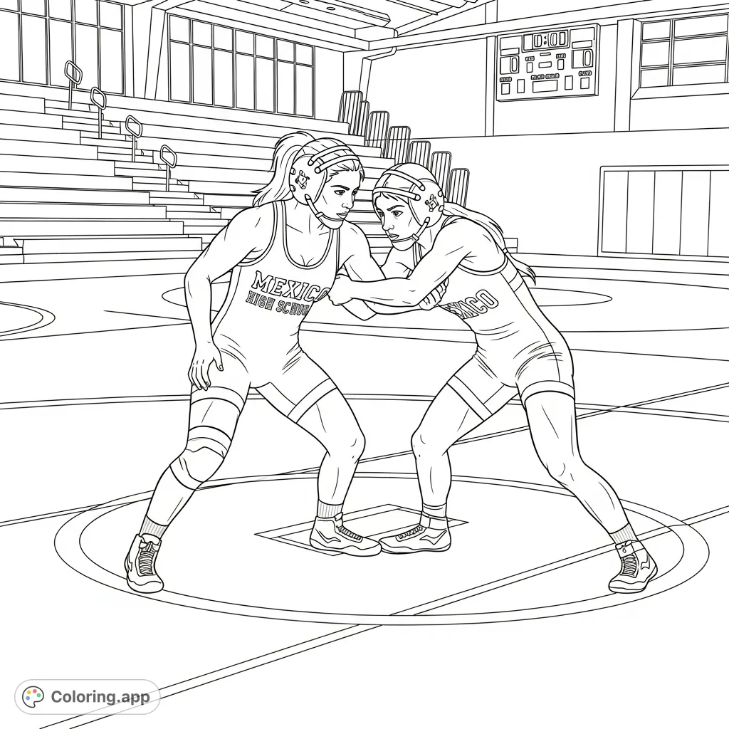 Capture the strength and focus of Mexico High School girls wrestling! A dynamic action scene perfect for sports enthusiasts and aspiring athletes.