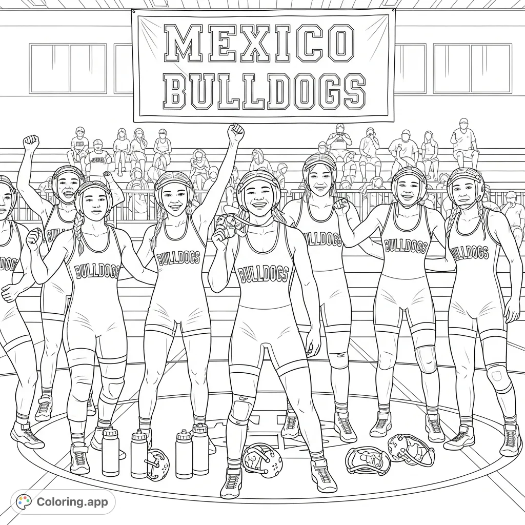 Celebrate the Mexico Bulldogs girl wrestlers' victory! This free printable coloring page features the team on a wrestling mat, cheering with a medal.