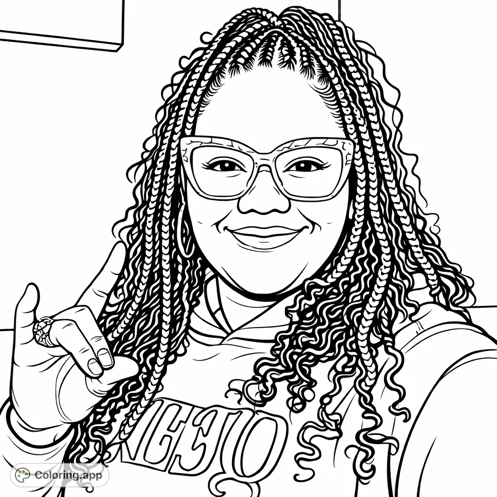Capture joy with this friendly portrait coloring page. Features a smiling woman with braids, glasses, and a peace sign gesture, perfect for creative expression.