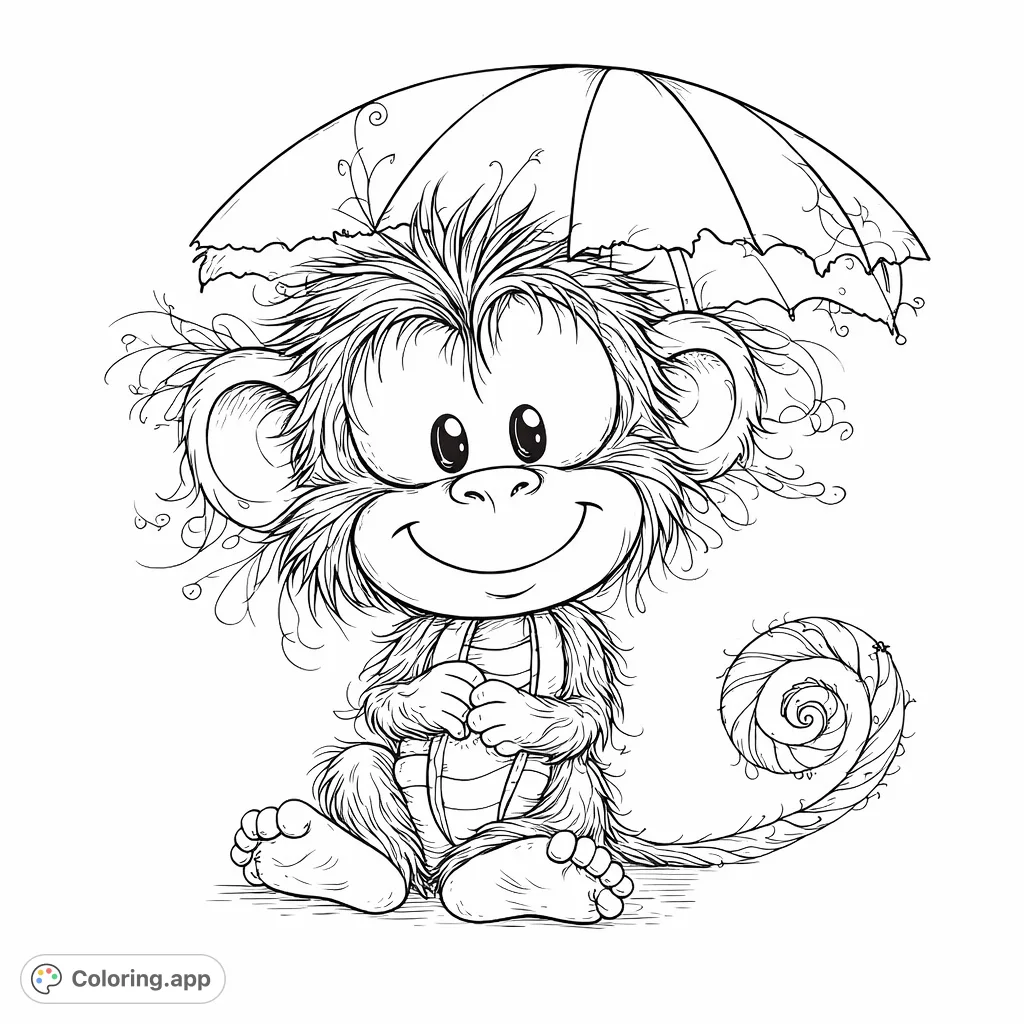 Color this adorable, shaggy monkey with its patchwork umbrella and cheerful smile. A delightful animal coloring page for all ages!