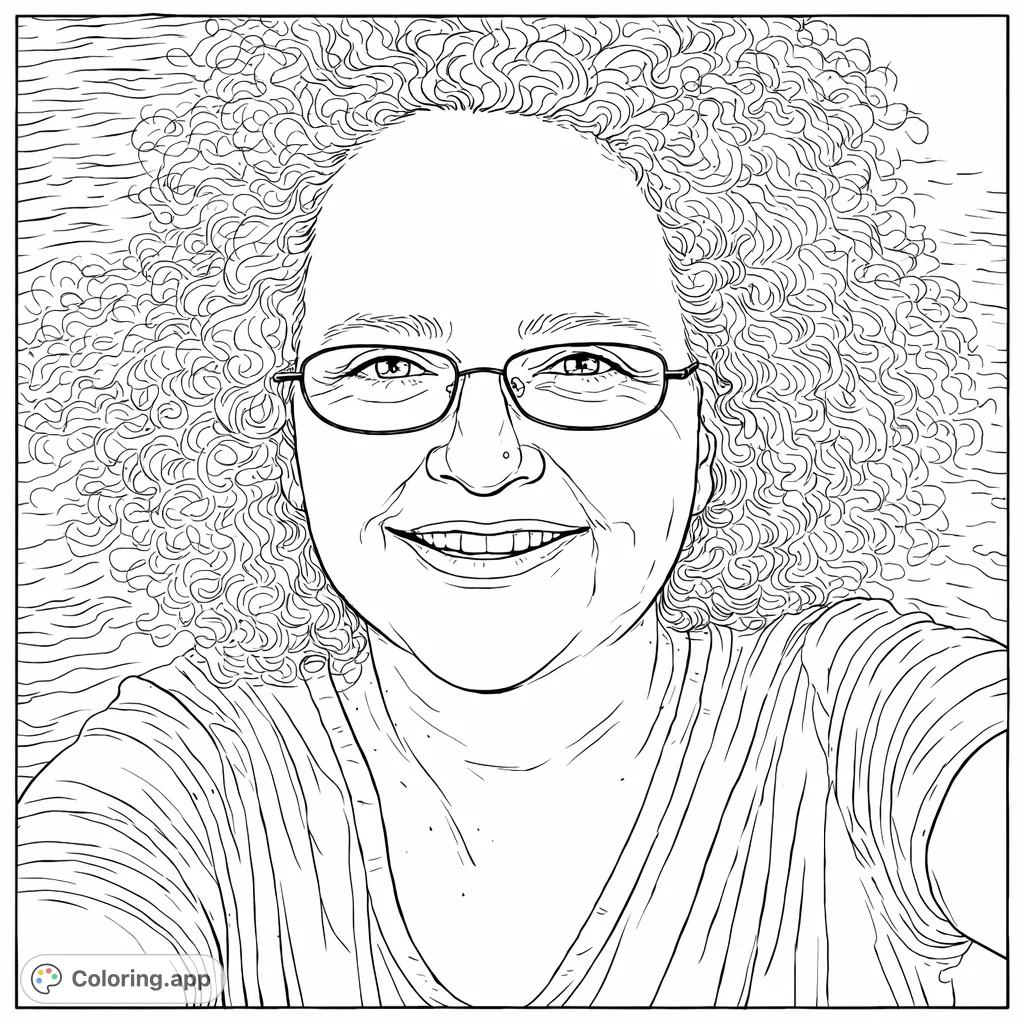 A friendly portrait of a woman with curly hair and glasses smiling against a rippled water background. Perfect for personalizing with your favorite hues.