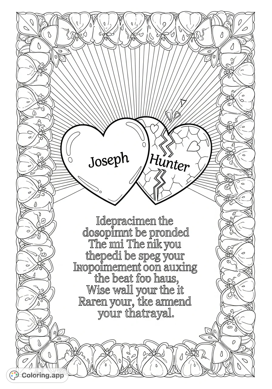 An emotional coloring page featuring a border of tears and broken hearts, two connected hearts (one whole, one broken), and poignant text about love and betrayal.