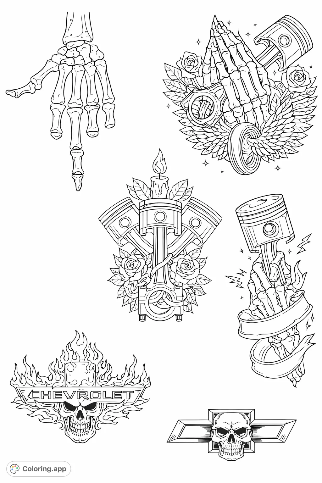 Unleash your creativity with this rebel rider coloring page featuring skulls, engines, wings, and flaming auto emblems. Perfect for fans of hot rod and biker culture.