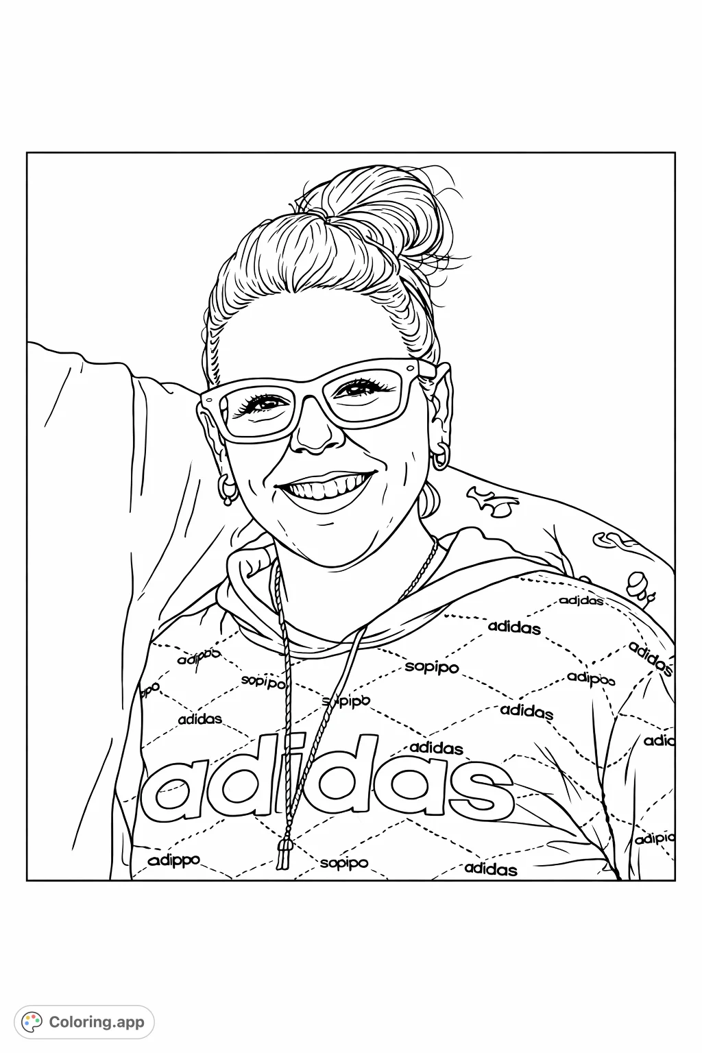 A cheerful portrait of a person with a messy bun, wearing glasses and a patterned hooded sweatshirt, ready for creative coloring expression.