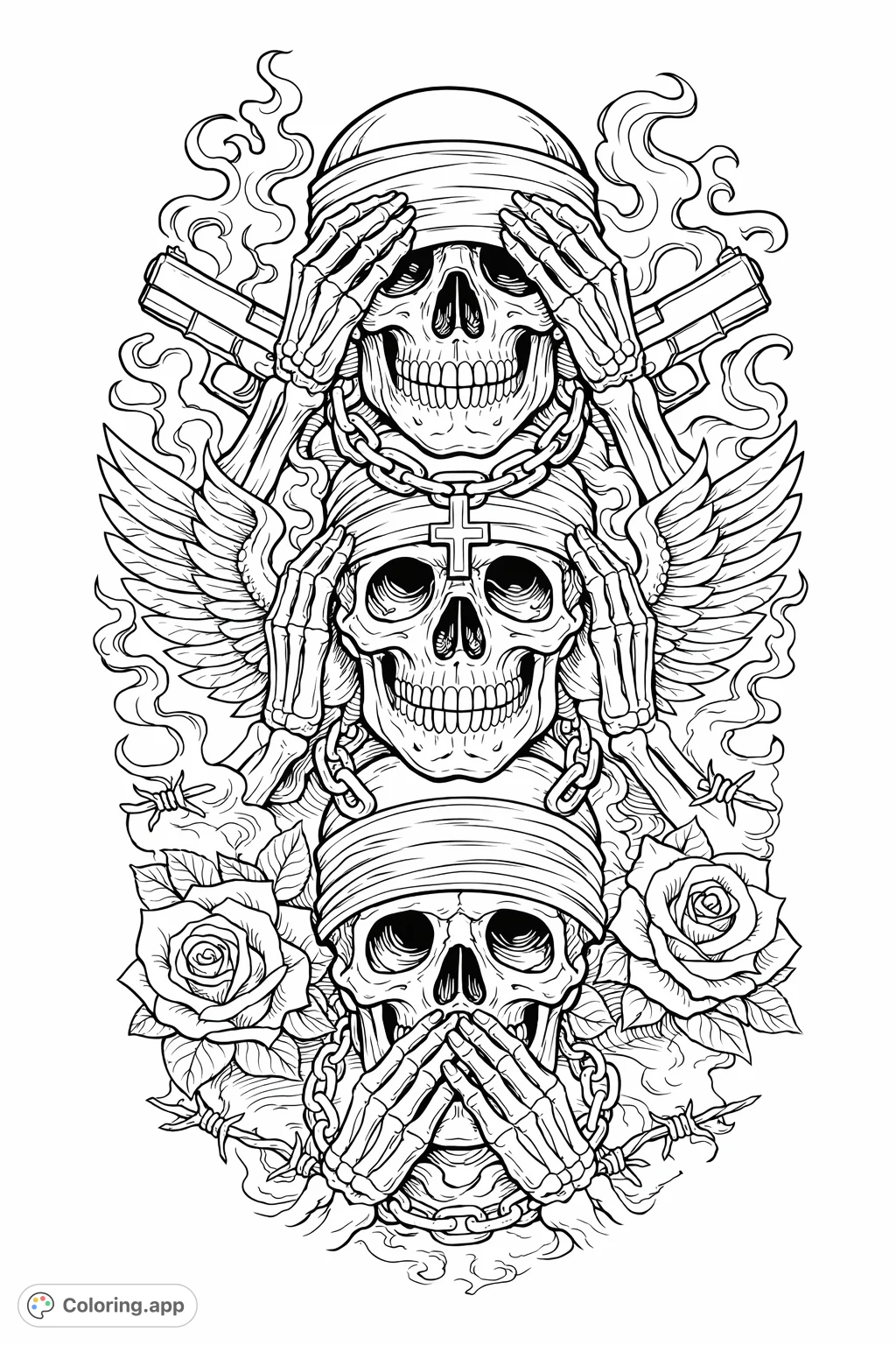 A striking gothic coloring page featuring three detailed skulls embodying 'see no evil, hear no evil, speak no evil,' surrounded by guns, wings, chains, and roses.