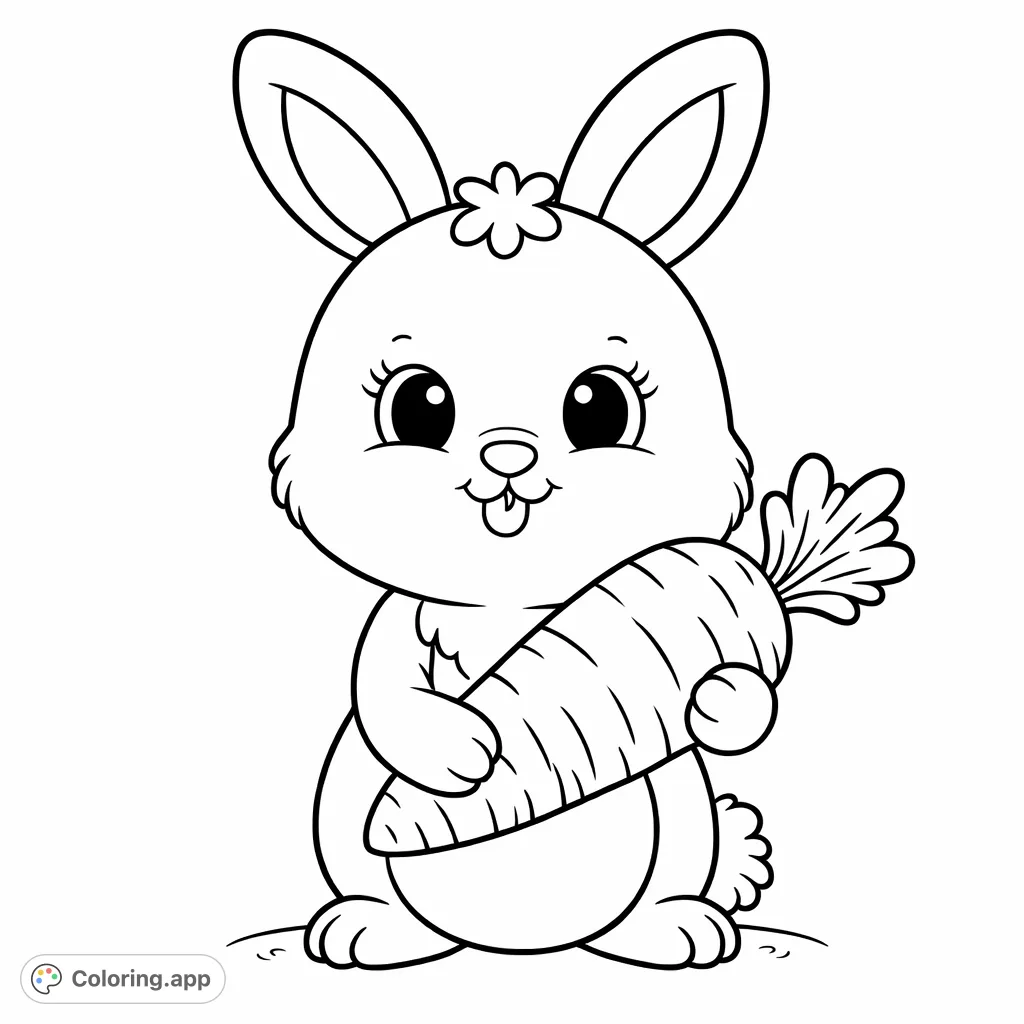 A sweet, friendly bunny holds a large carrot, ready for a fun coloring adventure. Perfect for young artists to express creativity and develop fine motor skills.