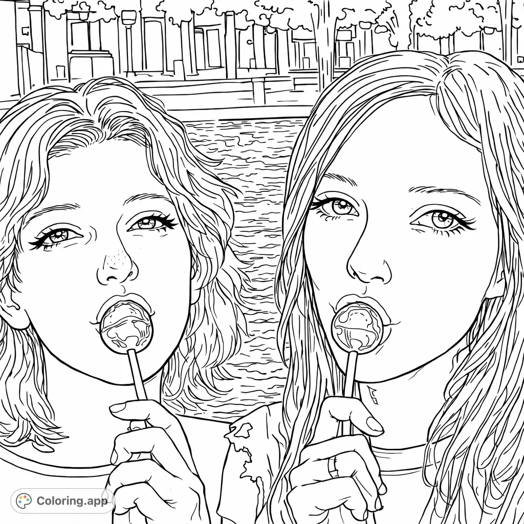 Two friends share a sweet moment with lollipops, captured in a delightful scene perfect for personalizing. Express your creativity with unique color choices.
