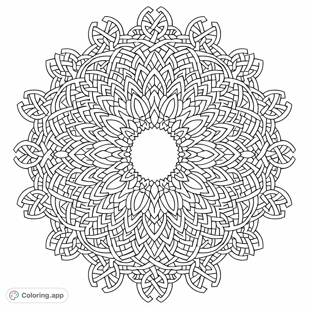 Discover a stunning geometric mandala coloring page featuring intricate patterns and a harmonious circular design, perfect for mindful relaxation and creative expression.
