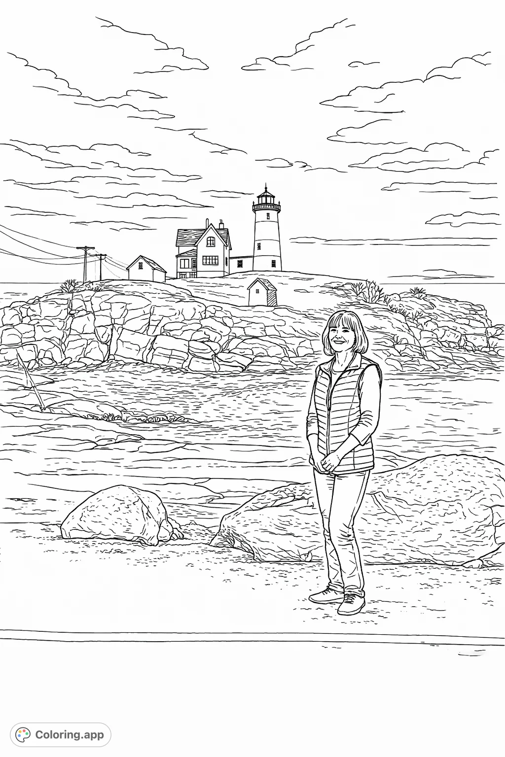 A charming coastal lighthouse scene featuring a person, rocky shores, ocean waves, and several classic lighthouse structures under a detailed sky.