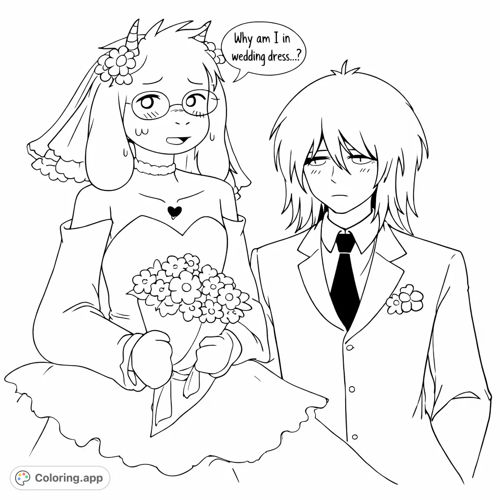 A charming pair, one in a wedding dress with a bouquet and veil, the other in a formal suit. Celebrate a special day with this endearing scene.