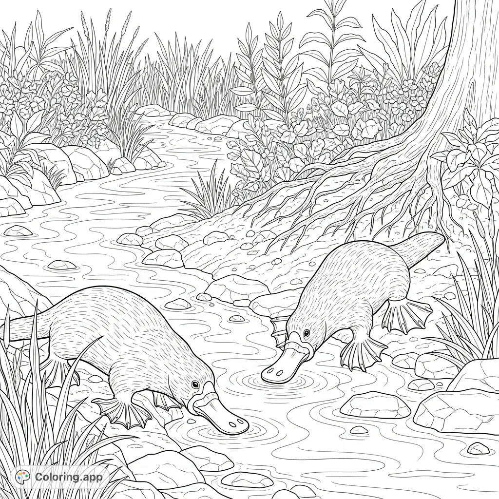 Explore a natural creek scene with one or two platypuses actively foraging, surrounded by lush banks and clear flowing water. A delightful nature coloring page.