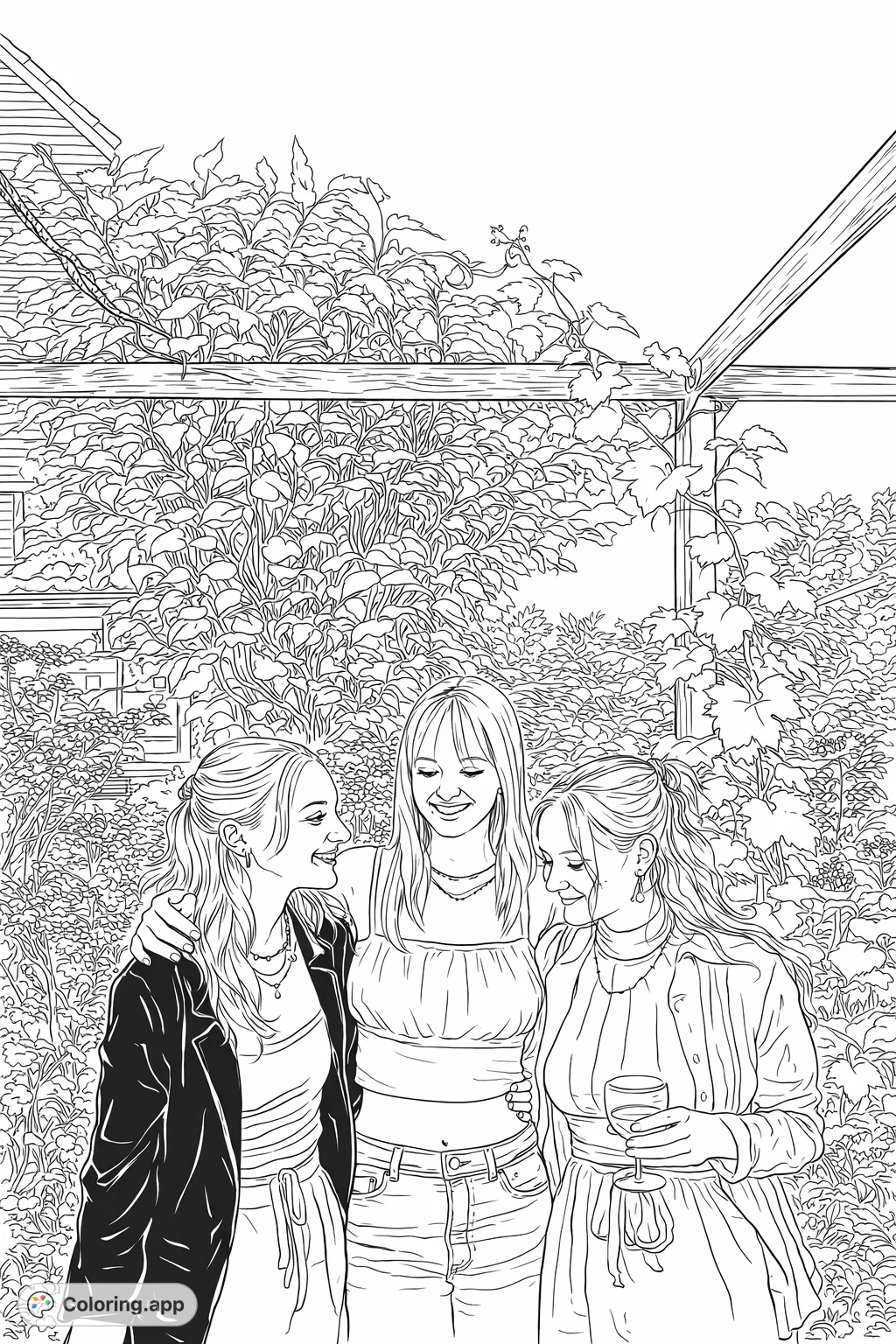 Capture the warmth of friendship with three joyful women embracing in a vibrant garden, surrounded by lush plants and a wooden pergola. A delightful scene to color.