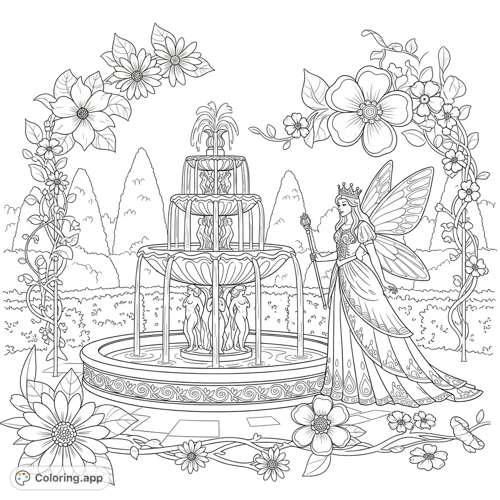 Immerse yourself in an enchanting royal garden fantasy coloring page featuring a graceful fairy by an ornate fountain amidst blooming flowers. Free printable royal fairy coloring page for kids and adults.