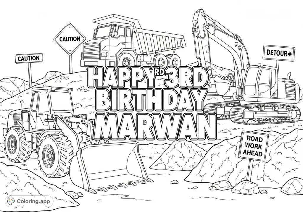 Celebrate with a detailed construction site coloring page featuring a front-end loader, excavator, dump truck, and a personalized "Happy 3rd Birthday Marwan" message!