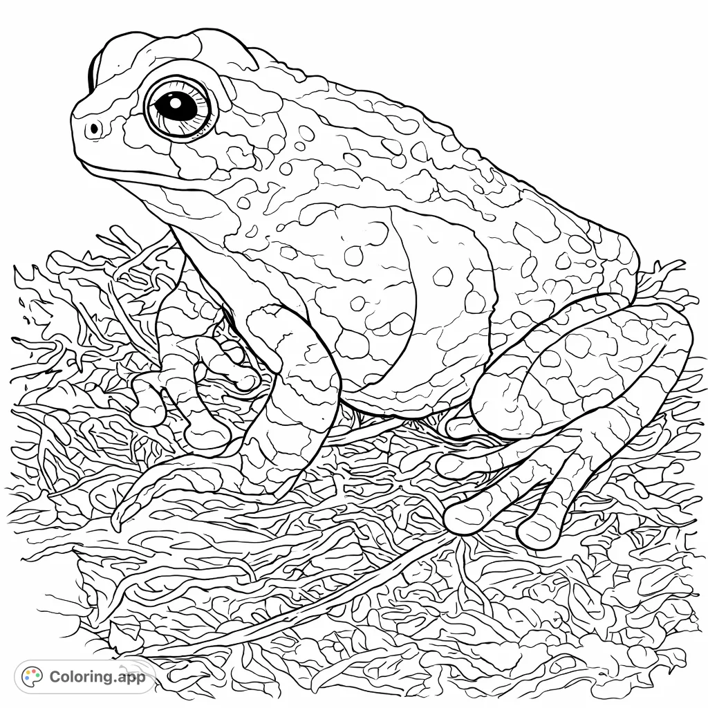 A charming patterned tree frog rests on a textured bed of moss and twigs. Explore intricate patterns and natural details in this engaging amphibian coloring page.