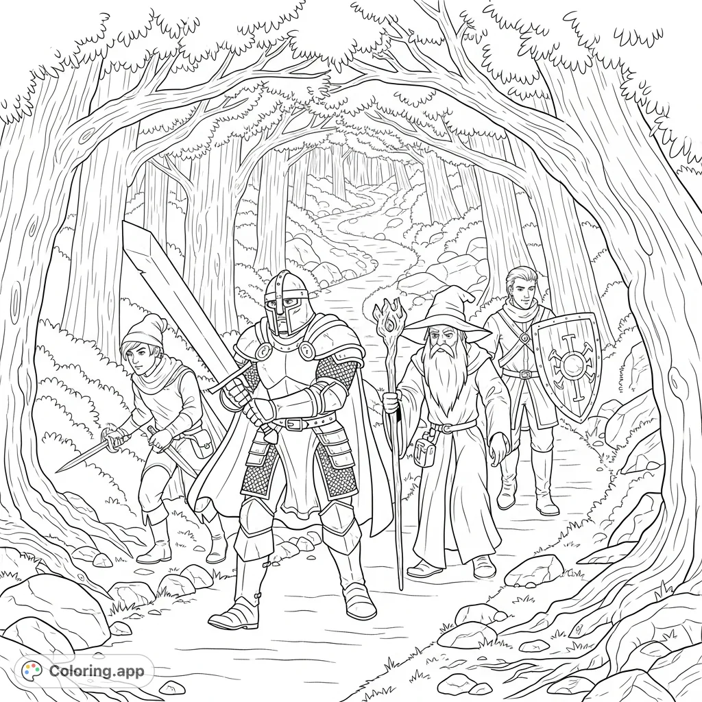 Embark on an epic Dungeons and Dragons forest adventure! Color a diverse group of heroes on a winding path, surrounded by ancient trees and mystical undergrowth.