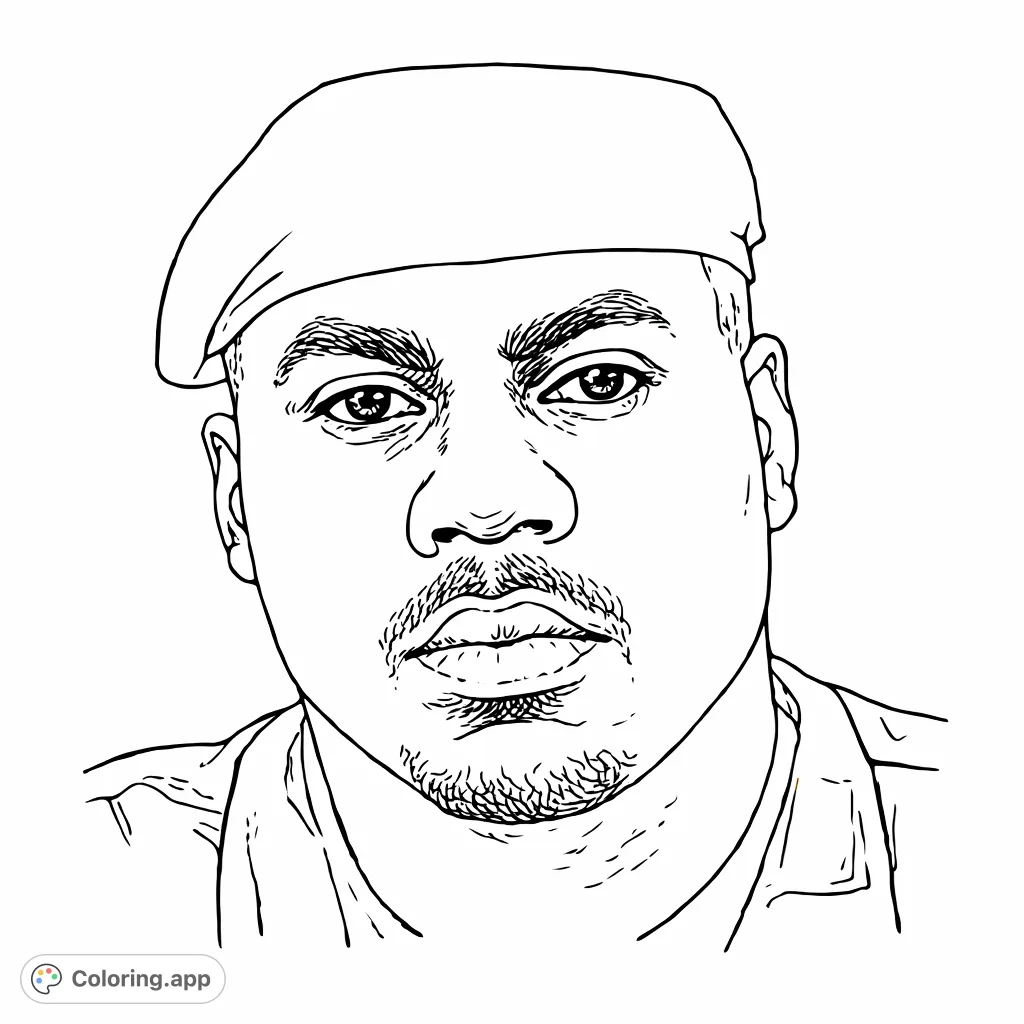 Color a compelling portrait of a man wearing a beret, featuring a detailed beard and an intense, direct gaze. An engaging figure for artistic expression.