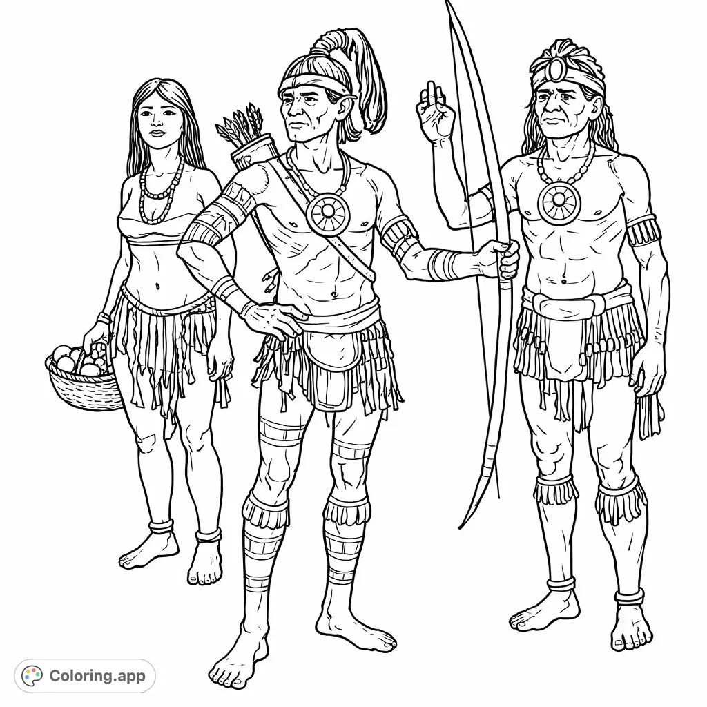 Explore ancient cultures with this coloring page featuring three indigenous figures: a gatherer with a basket, a warrior with a spear, and an archer with a bow.