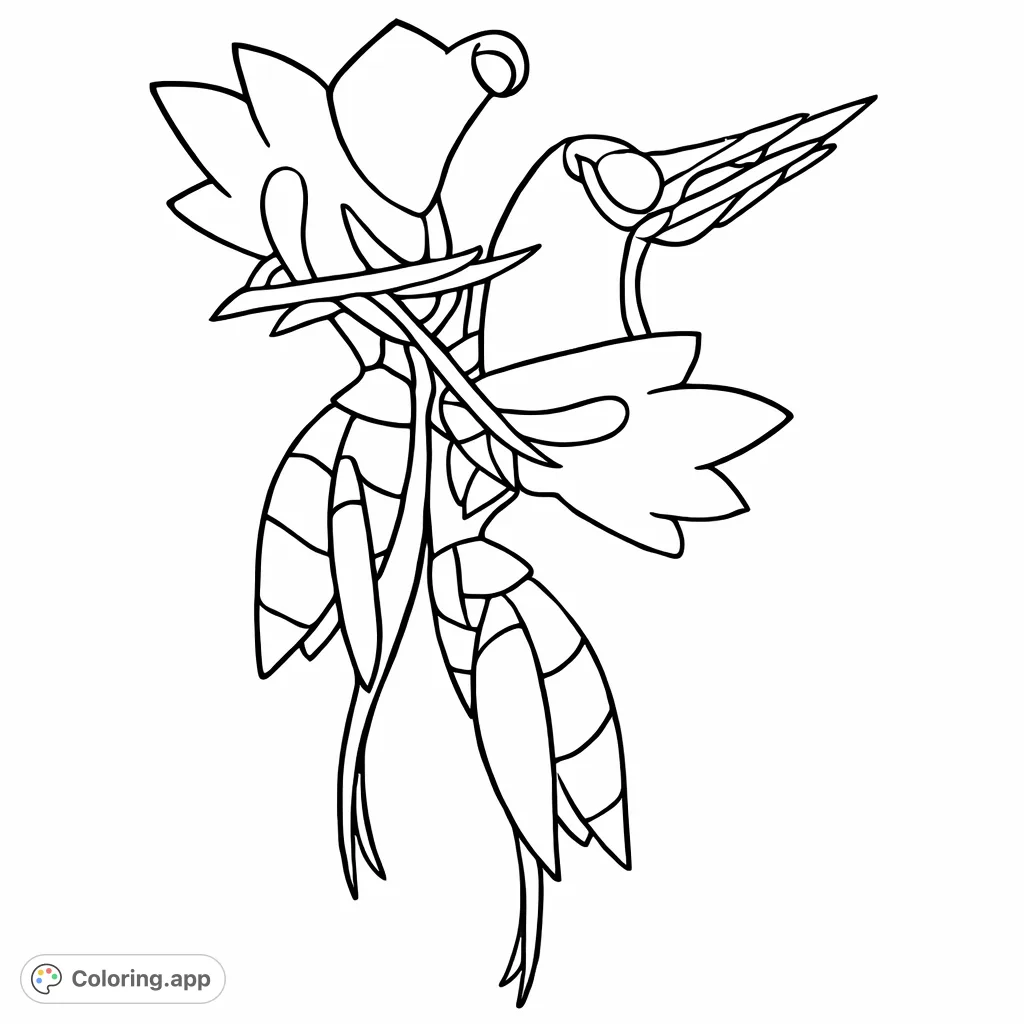 Color two unique, stylized insect-like creatures with sharp features and segmented bodies, perfect for an imaginative coloring adventure.