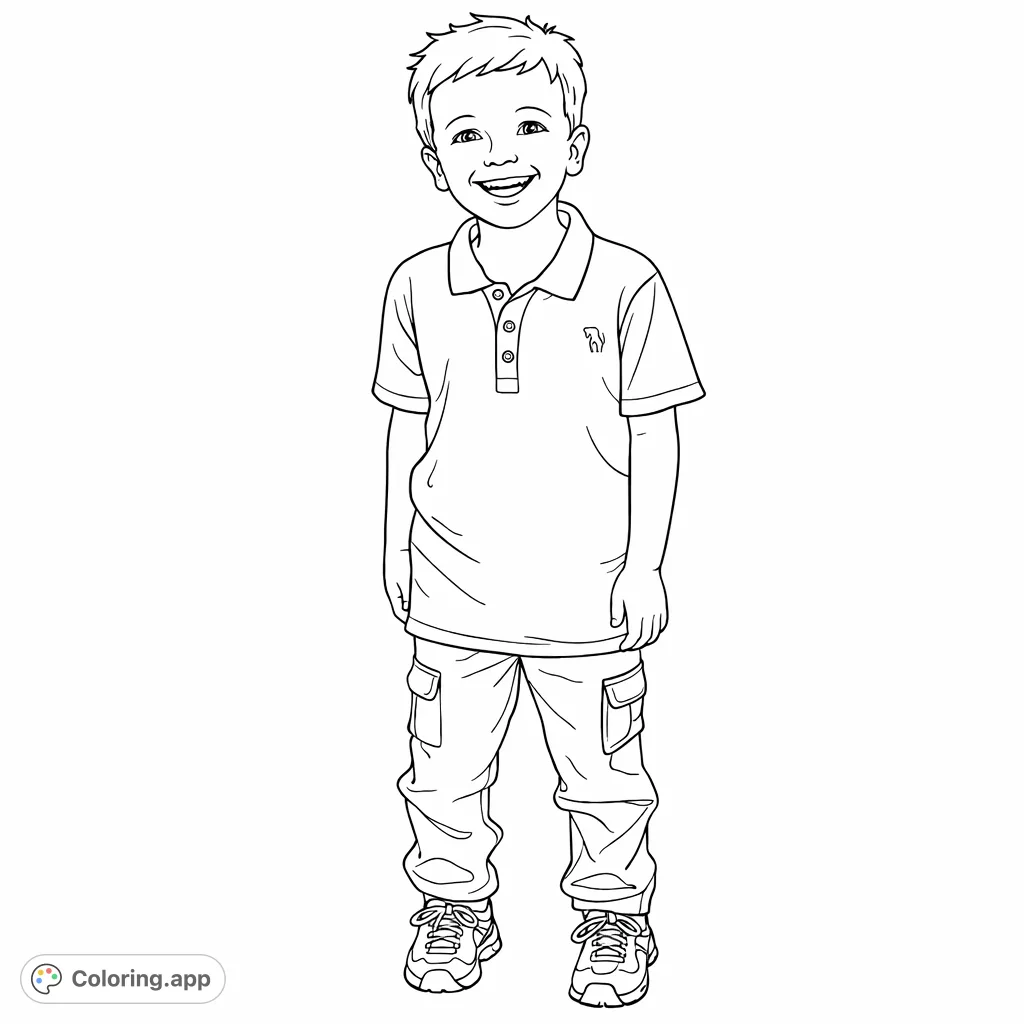 A cheerful young boy with a bright smile, standing confidently in his casual shirt and cargo pants, ready for a fun coloring adventure.
