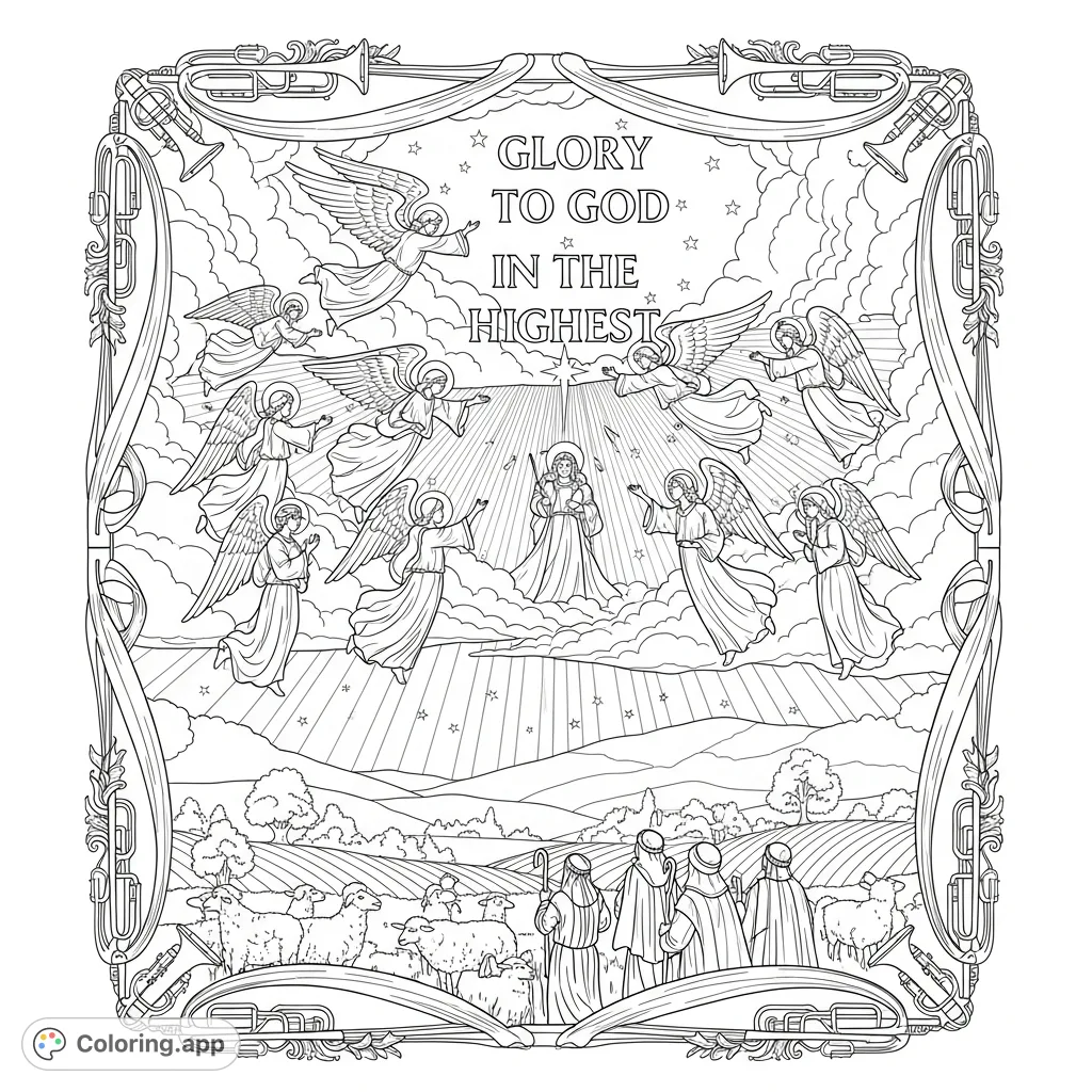Experience the awe of the Nativity with this detailed coloring page featuring a host of angels, shepherds, and an inspiring textual announcement, all framed by an elegant border.
