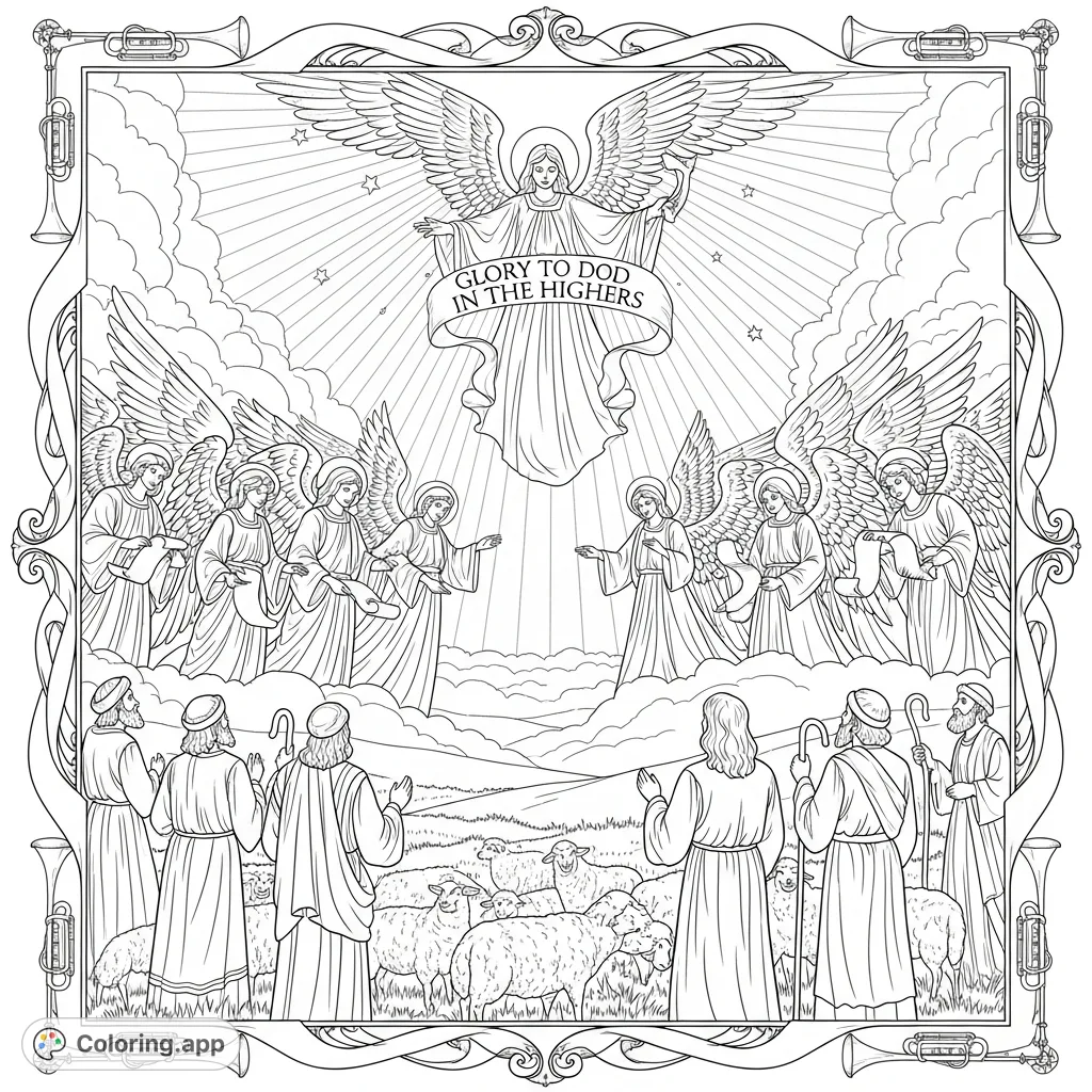 A heartwarming Christmas coloring page showing angels announcing Christ's birth to shepherds, framed by trumpets and scrolls. Perfect for holiday joy!