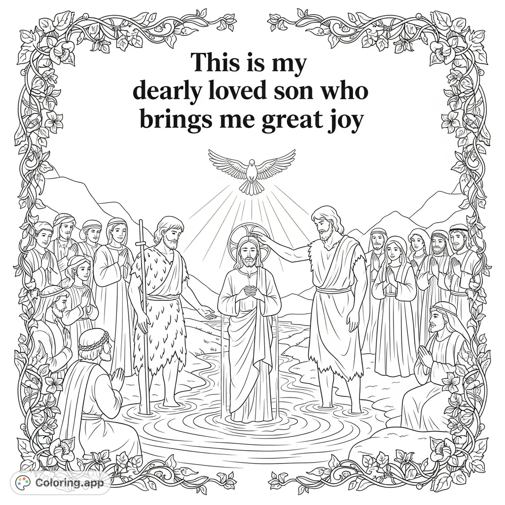 A powerful Jesus baptism coloring page depicting Jesus in the river with John the Baptist, a descending dove, onlookers, and a decorative vine border. A spiritual free printable coloring page.