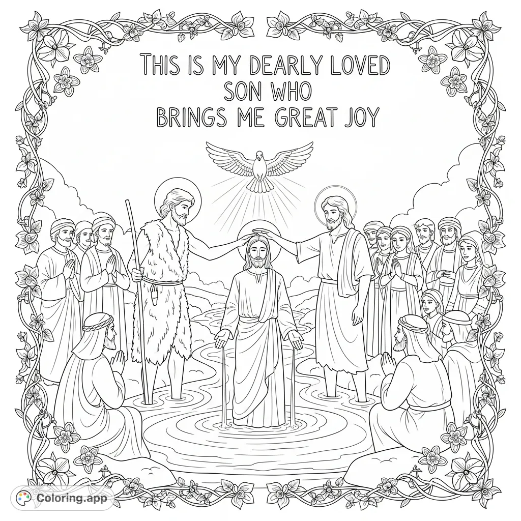 A profound Jesus coloring page depicting Jesus and John the Baptist in a river, with a dove descending and onlookers. A beautiful, detailed scene for reflection.