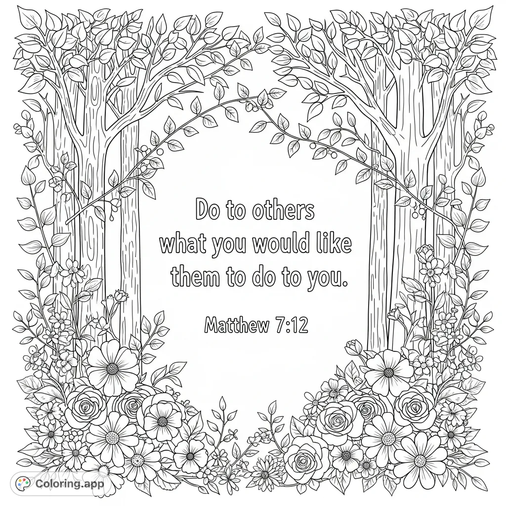 A beautiful free printable Golden Rule coloring page featuring a lush border of trees and flowers framing the inspiring scripture from Matthew 7:12. Perfect for mindful reflection.