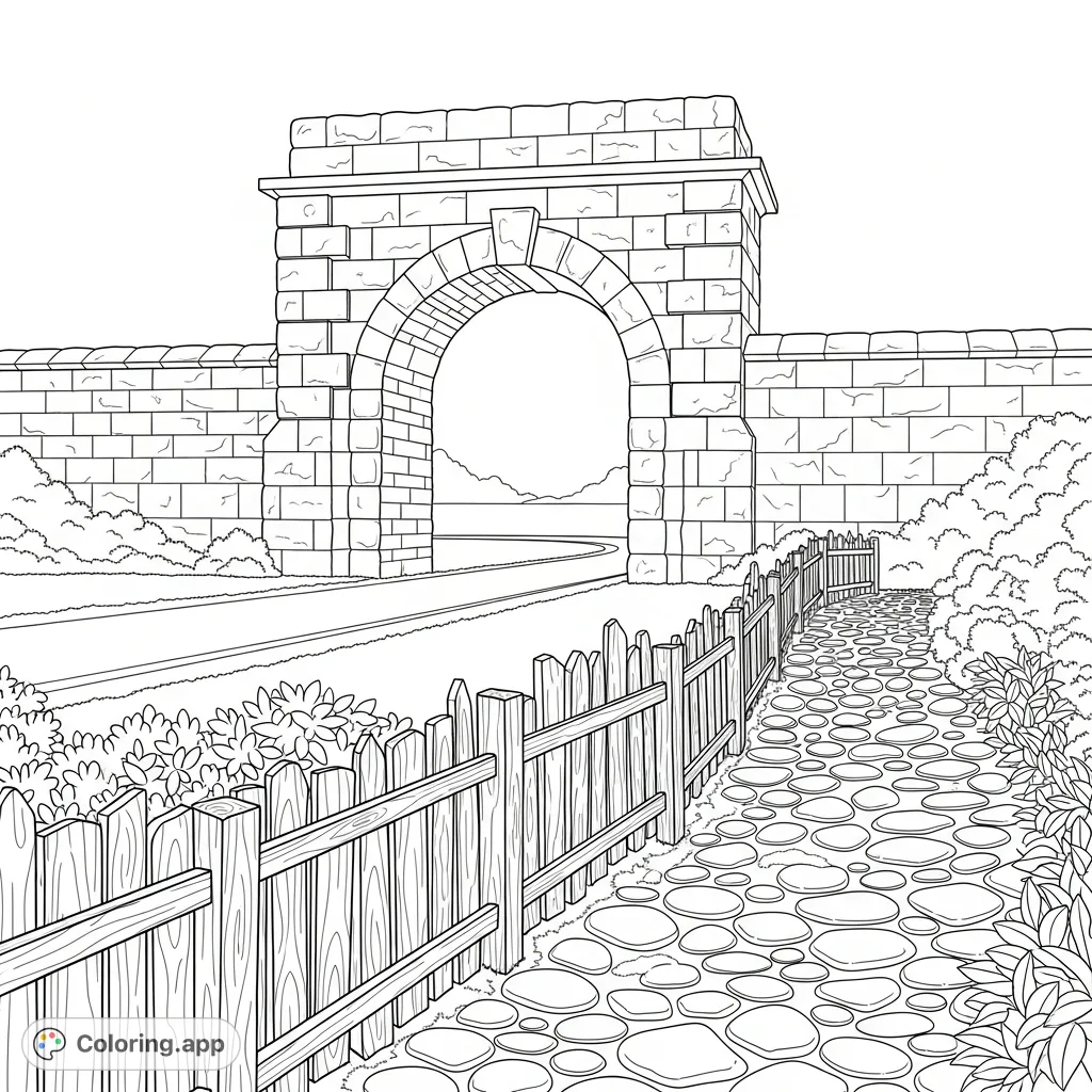 Discover a majestic stone gate leading to a wide road and a rustic path, inviting exploration. A free printable gate and path coloring page for all ages.