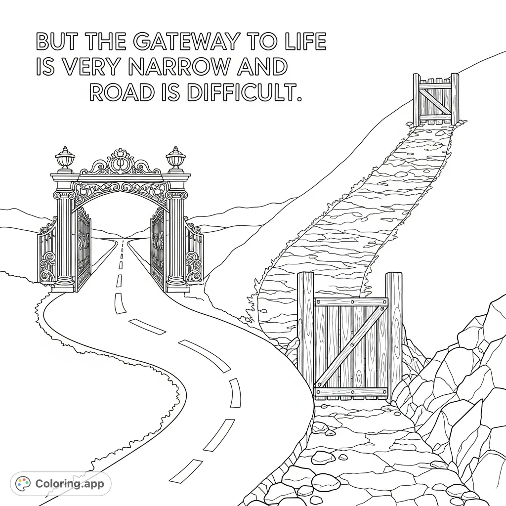 Illustrates Matthew 7:14 with a fork in the road, showing a wide, easy path to a grand gate and a narrow, difficult path to a small gate, with scripture text.