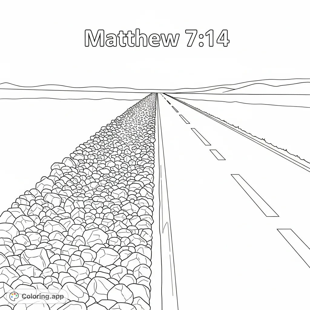 Explore choices with this Matthew 7:14 coloring page featuring a rocky path and a smooth road. A free printable coloring page for contemplation and creativity.