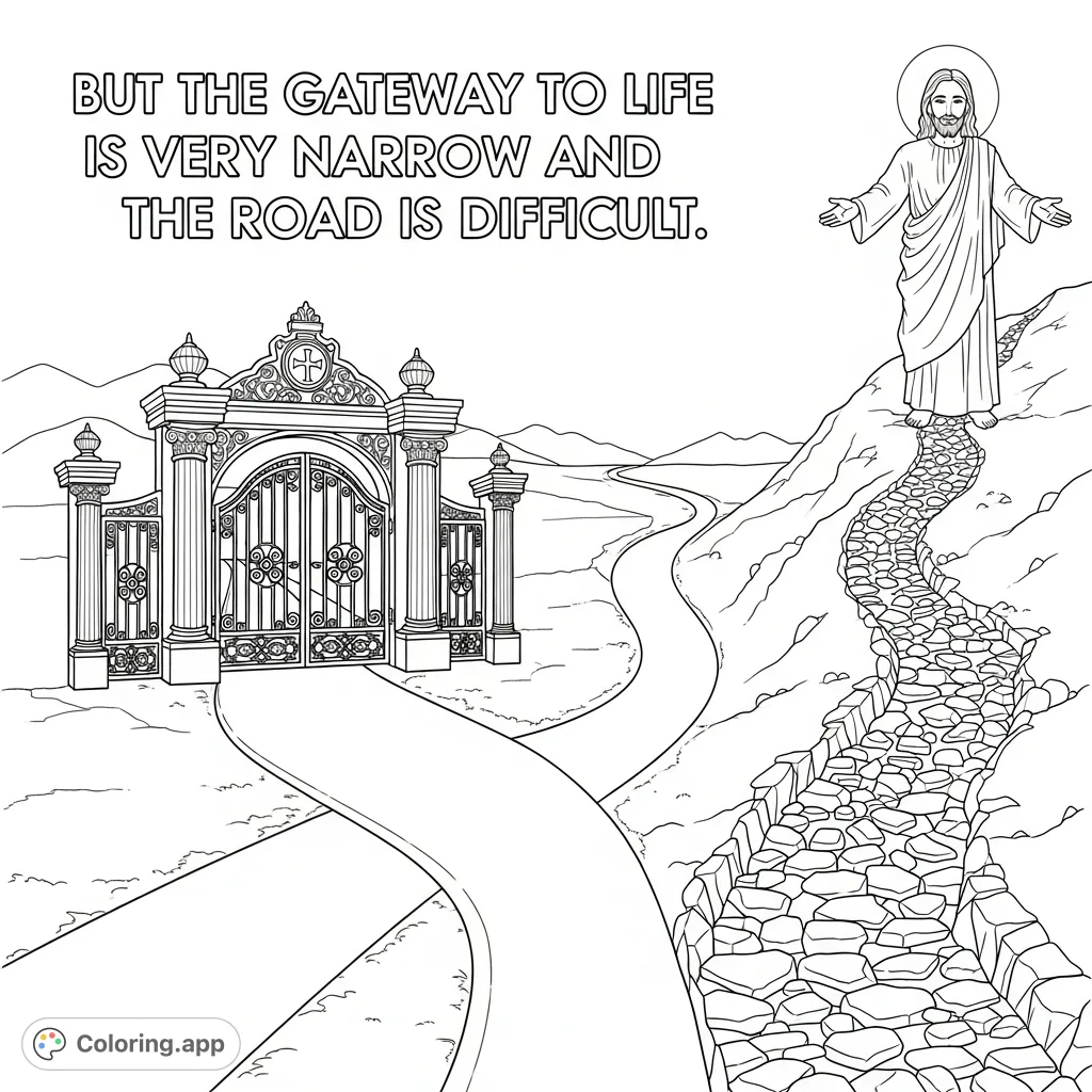 Explore a spiritual journey with a fork in the road leading to a grand gate or the welcoming figure of Jesus. An inspirational coloring page.