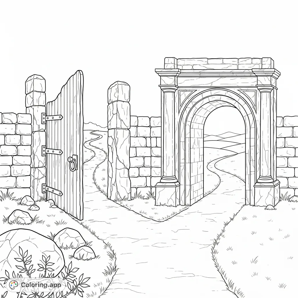 Discover a compelling Matthew 7:14 coloring page featuring two distinct gates and paths: a narrow, difficult route and a broad, smooth one, symbolizing life's choices.