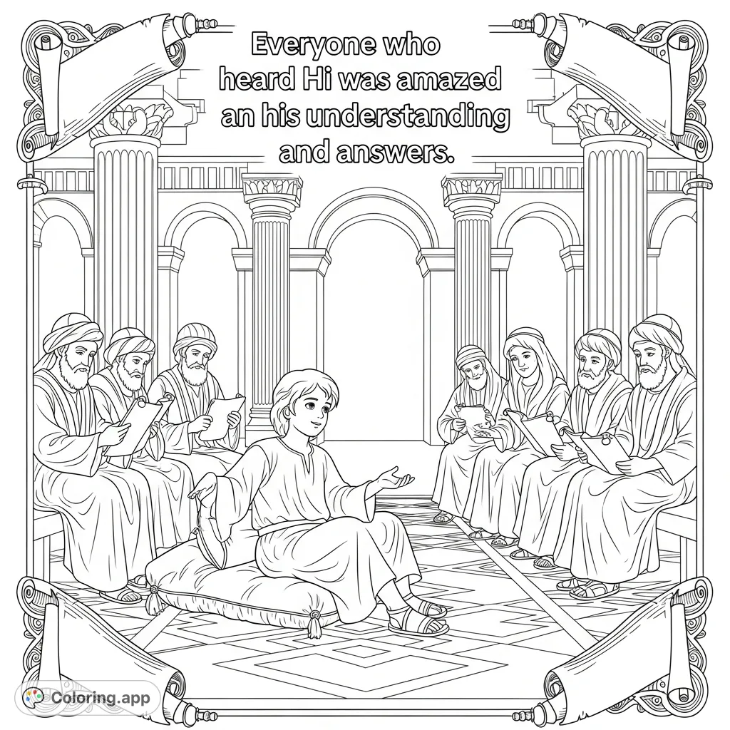 Discover a detailed scene of Jesus aged twelve, learning among Rabbis in the temple, surrounded by ancient scrolls and wisdom. A deeply reflective coloring page.