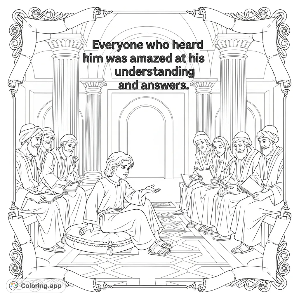 Discover a powerful scene of young Jesus in discourse with Rabbis in the grand temple, featuring intricate details and a meaningful quote.