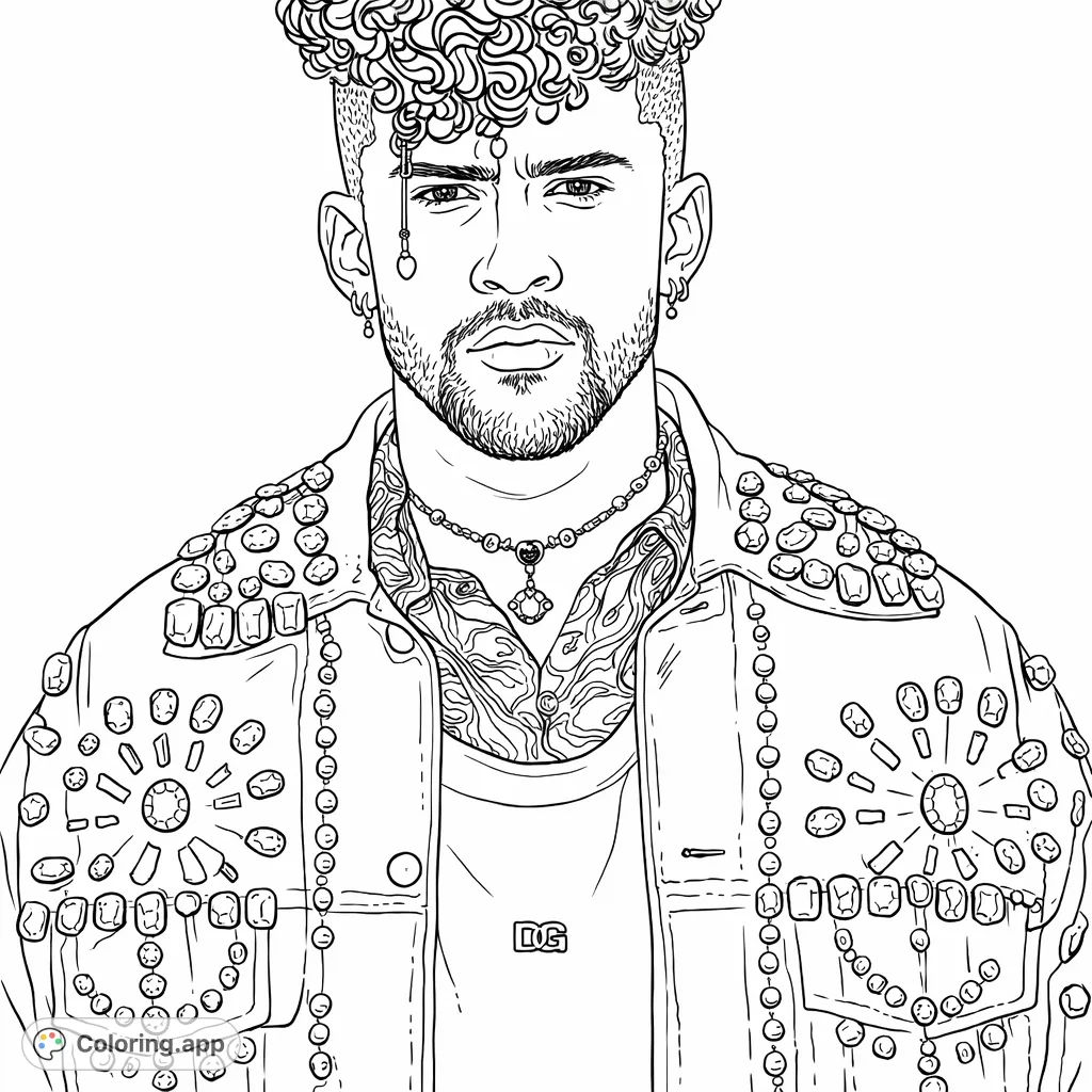 A captivating portrait of a music artist adorned in a jacket intricately embellished with numerous gemstones, featuring a patterned shirt and layered necklaces. Perfect for fans!