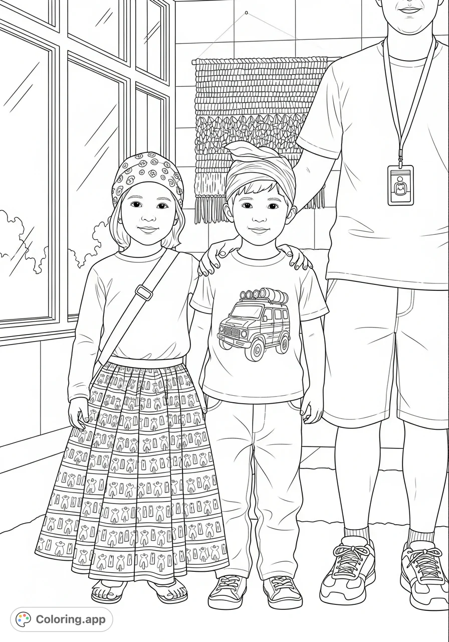 A heartwarming family scene featuring two children in unique attire, a partially visible adult, and a domestic room with windows and a woven wall hanging, perfect for a free printable family scene coloring page.