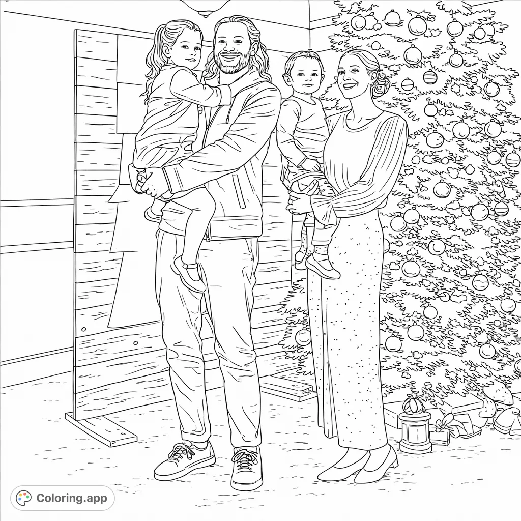 A joyous family of four poses by a festive, decorated tree and wooden backdrop, ready for a special occasion. Perfect for family holiday coloring page fun.