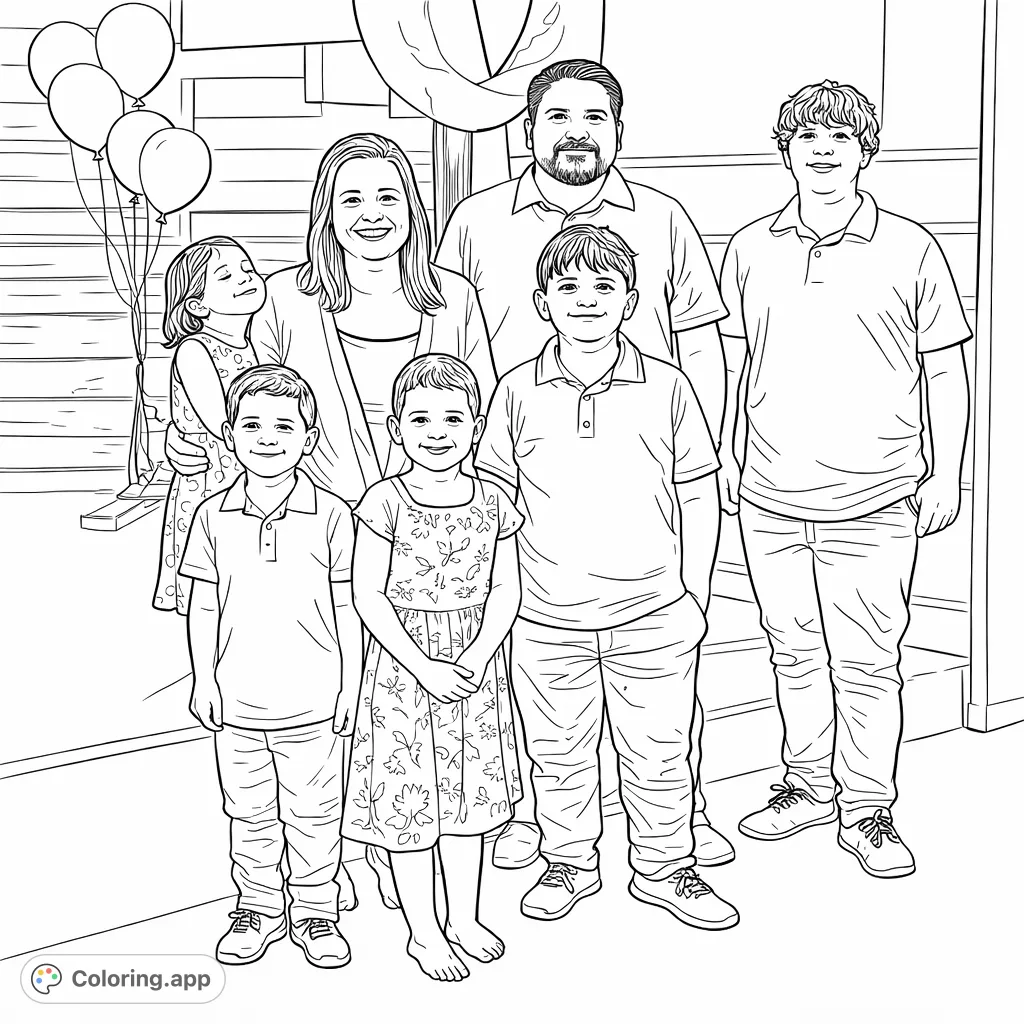 A heartwarming family portrait with seven members smiling against a festive backdrop of wooden panels and balloons. Perfect for celebrating connections and joy.