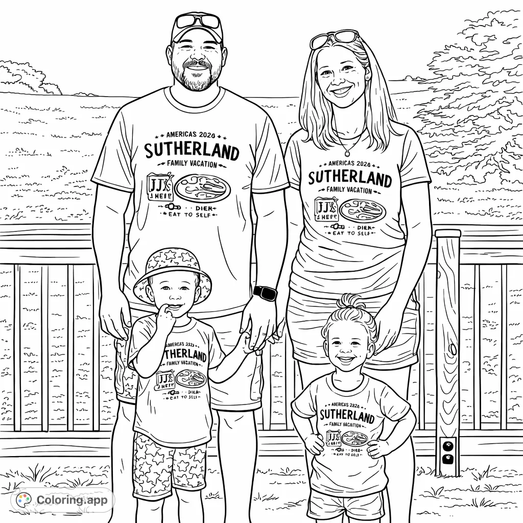 A joyous family of four poses outdoors, featuring two adults and two children in matching shirts. Perfect for celebrating family bonds and creating cherished memories.