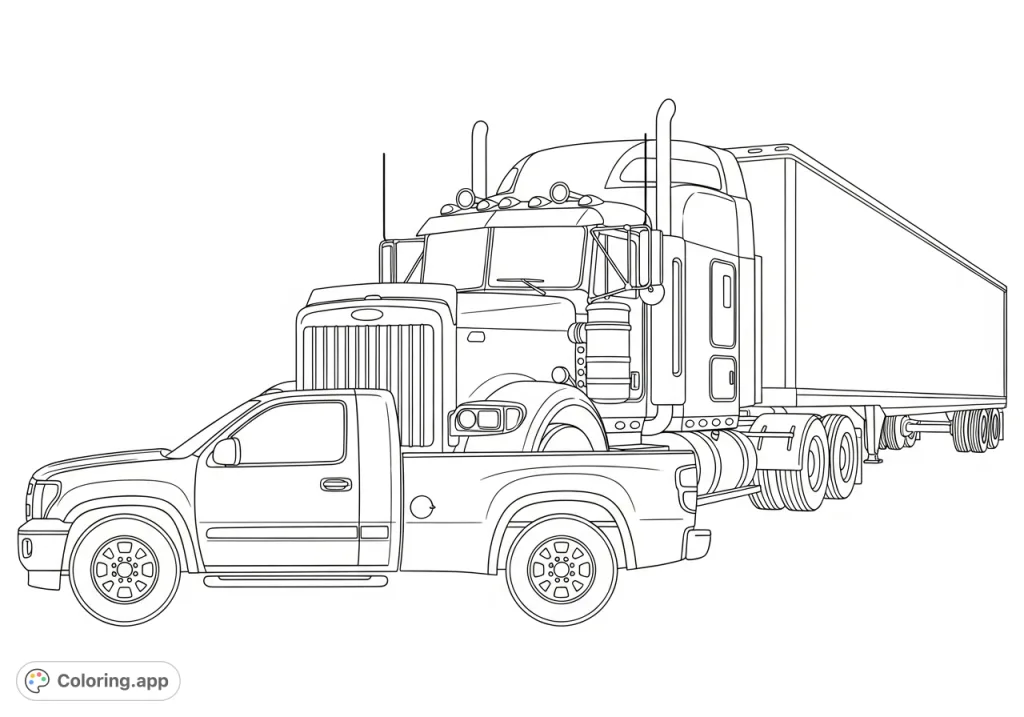 Explore the contrast between a sturdy pickup truck and a massive semi-truck in this detailed truck coloring page. Perfect for vehicle enthusiasts of all ages.
