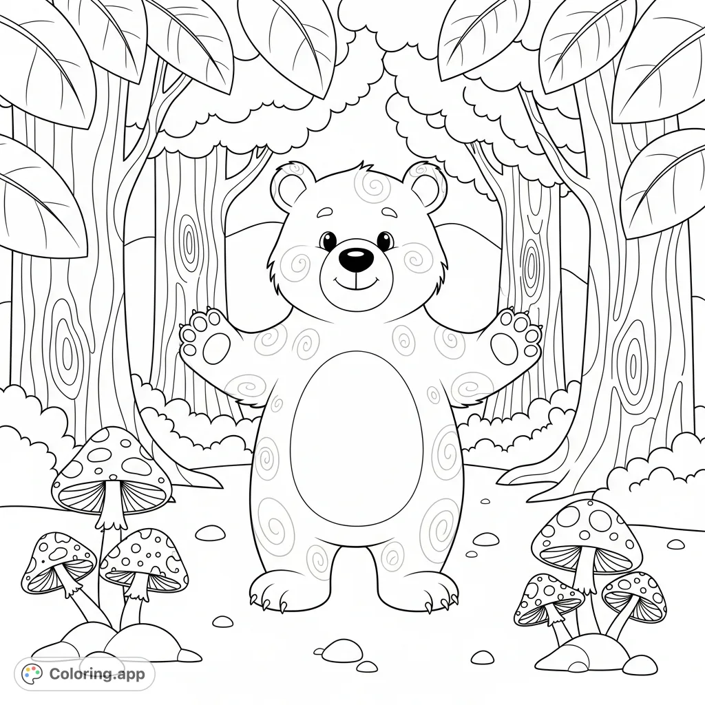 A cute, smiling bear welcomes young artists to a magical forest scene. Bold lines and large spaces make this free printable coloring page perfect for kids.