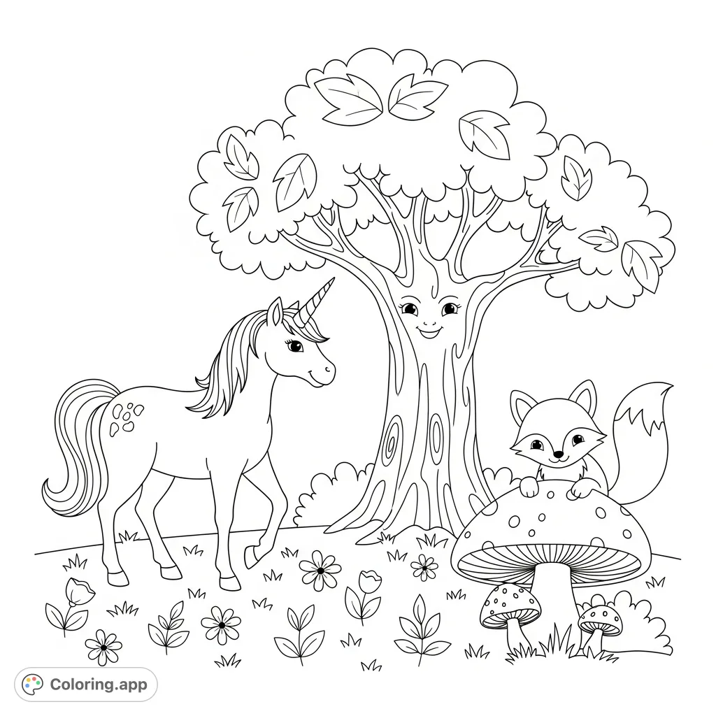 A delightful magical forest scene featuring friendly animals like a unicorn and a fox, surrounded by whimsical plants and a smiling tree. Perfect for young artists.