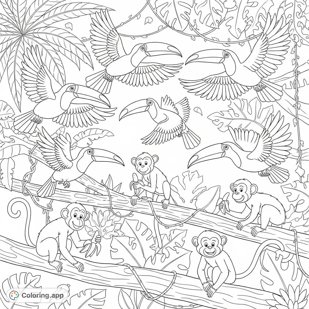 Soar with six magnificent toucans and observe playful monkeys enjoying bananas in a lush, detailed jungle scene. A vibrant tropical adventure awaits!