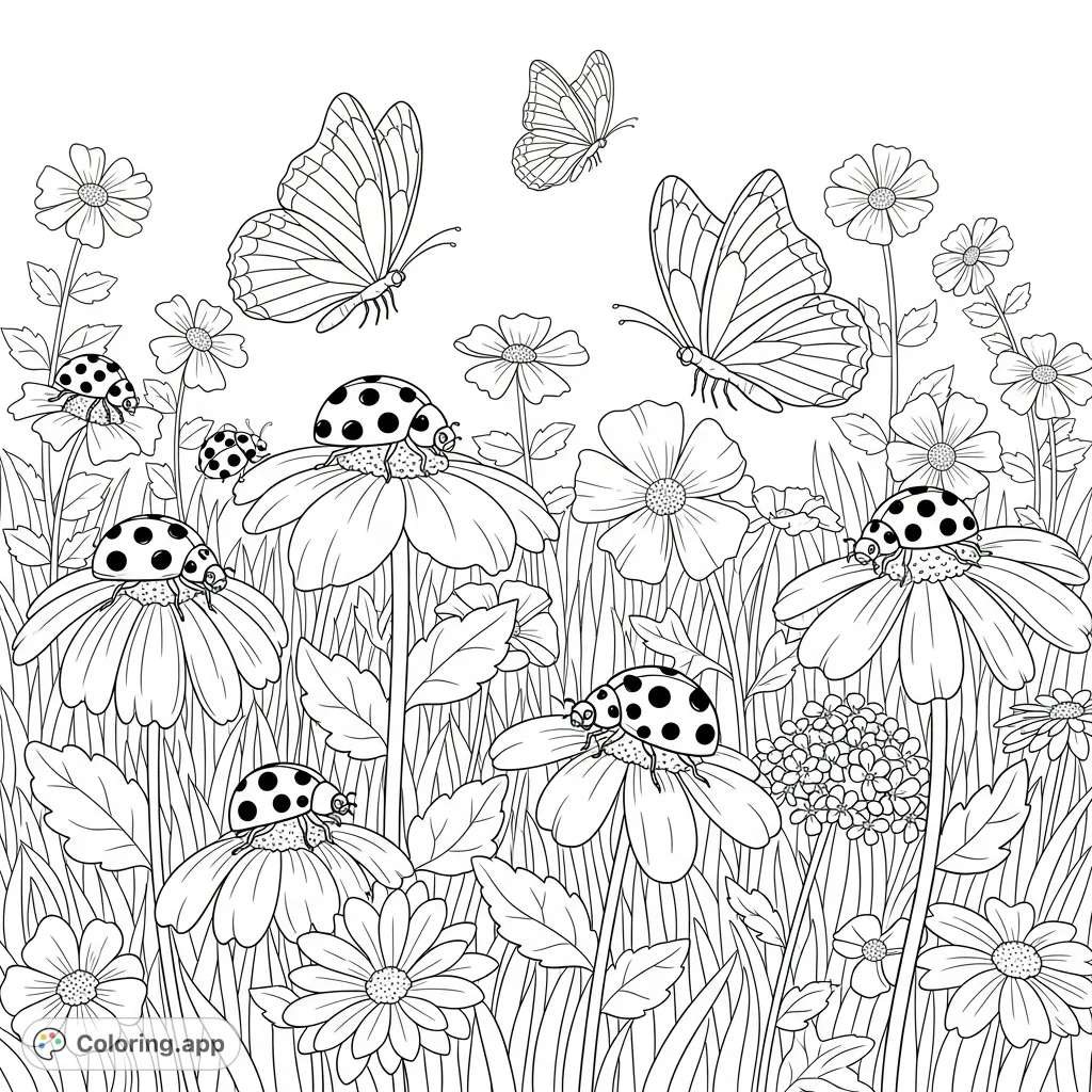 A charming nature coloring page featuring cheerful ladybugs and graceful butterflies amidst a lush field of diverse flowers, perfect for all ages.