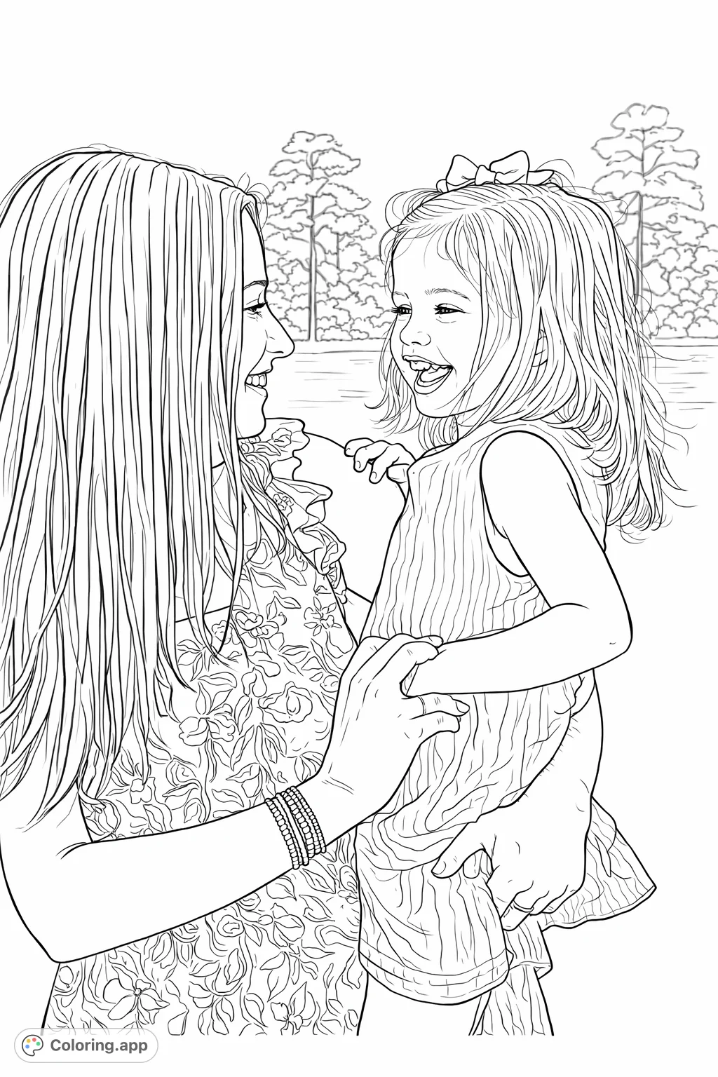 Capture a tender moment between a mother and her child with this heartwarming coloring page. Features a woman and a smiling child, perfect for expressing love.