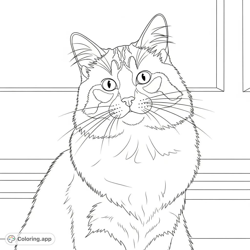 Discover a charming fluffy cat coloring page, perfect for all ages. Features broad fur patches, expressive eyes, and delicate whiskers on a simple background.